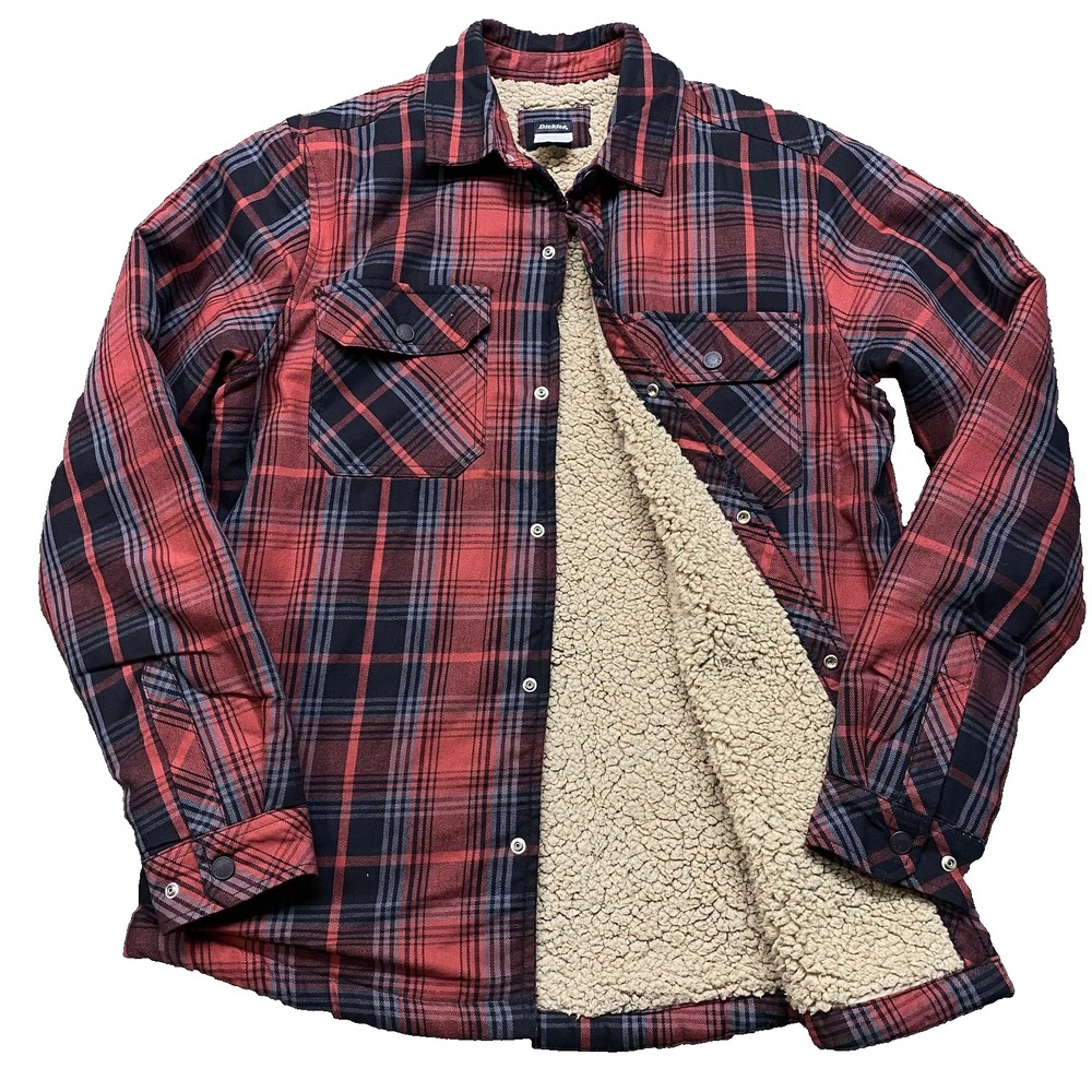 Dickies Mens Sherpa Lined Flannel Shirt Jacket Hydroshield Red‎ Black Plaid M
